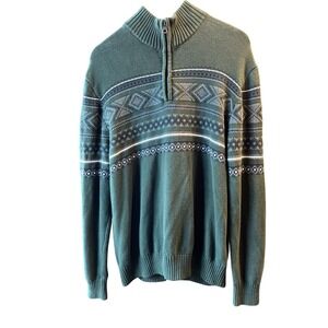 Weatherproof Vintage Men's L Green Fair Isle Knit Mock Neck 1/4 Zip Sweater